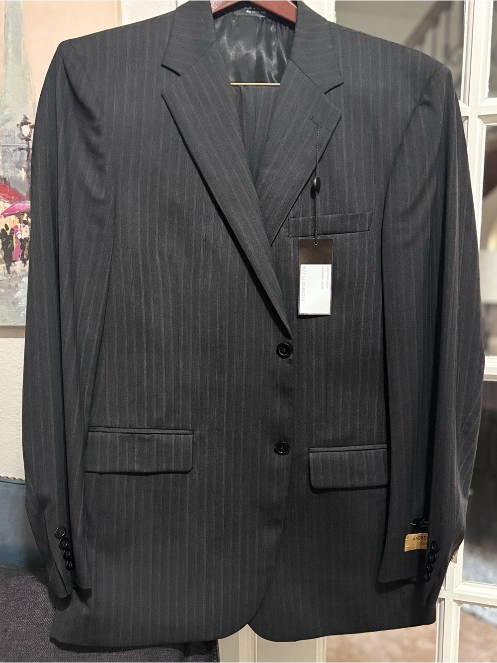 Andrew Fezza NWT Men's Charcoal Pinstripe Two-Button Blazer 44L un hemmed